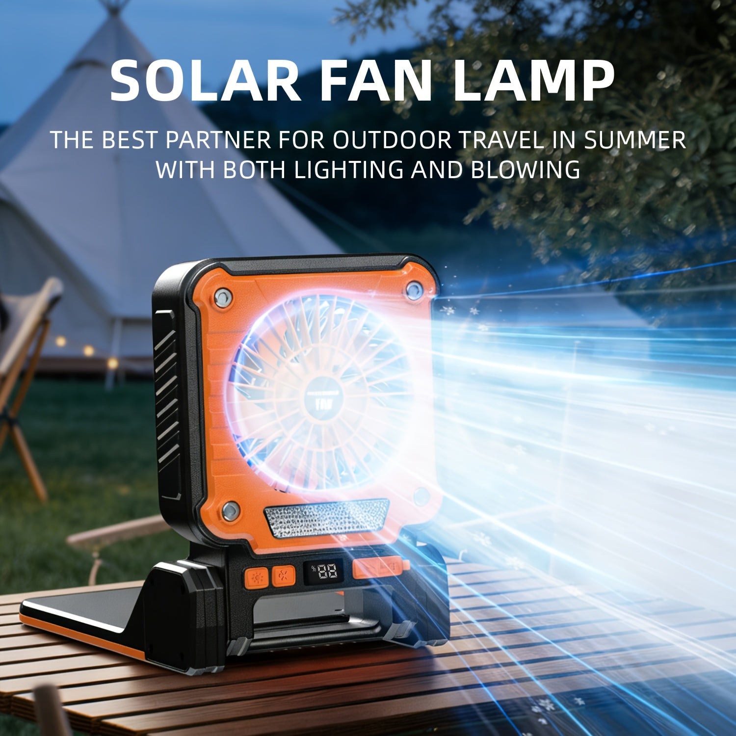 1PC Single Motor Camping Fan, Solar LED Camping Fan, 180° Rotatable Adjustable Angle Fan, Portable Outdoor Fan with Hook, Support Input and Output Charging Function, Suitable for Tents