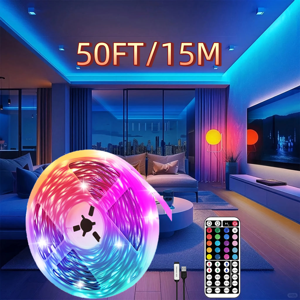 3.28英尺-100英尺 RGB LED灯带，带遥控器，可调节颜色变化，柔性设计，适用于卧室、厨房、天花板和房间氛围照明 - 节能