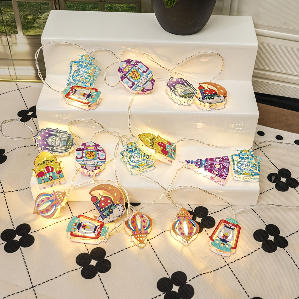 1PC 色彩缤纷的 LED 照明中东和印度风格灯笼串灯- 59 英寸，带有 10 个 LED 灯，电池供电（不含电池），充满活力的阿拉伯宫殿设计，带有彩色玻璃图案,非常适合斋戒月装饰、穆斯林节日、家庭氛围和伊斯兰庆祝活动、商业装饰、婚礼、斋月节，情人节，酒吧、随机风格