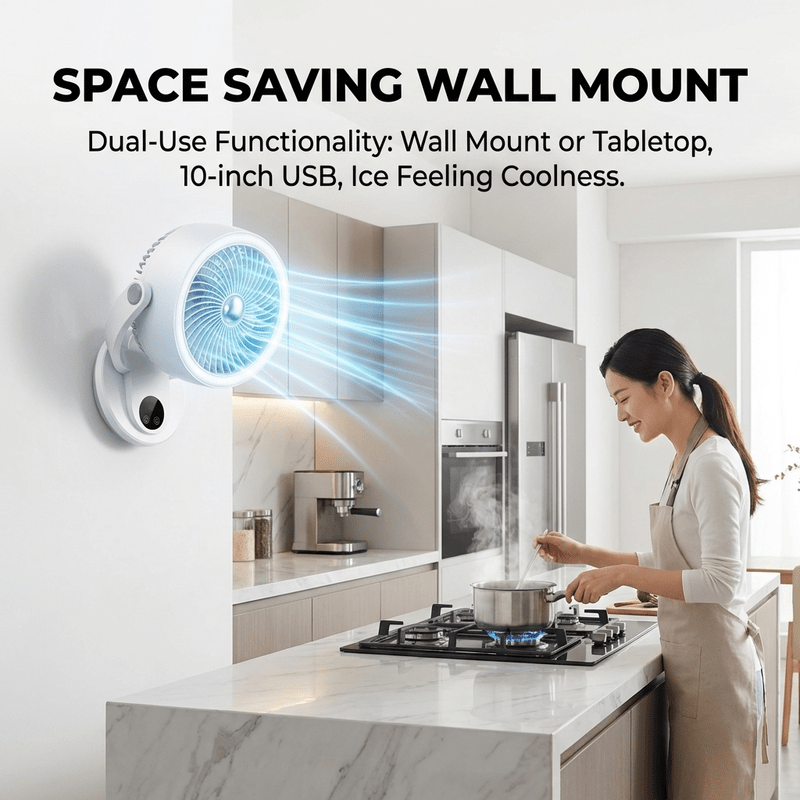USB Ice Feeling Circulation Fan, 10 Inch Small Desktop Fan, Desktop & Wall Dual Use, High Airflow, Ultra Quiet, 3 Blades, Unique Air Duct Design, Engine Hurricane Wind