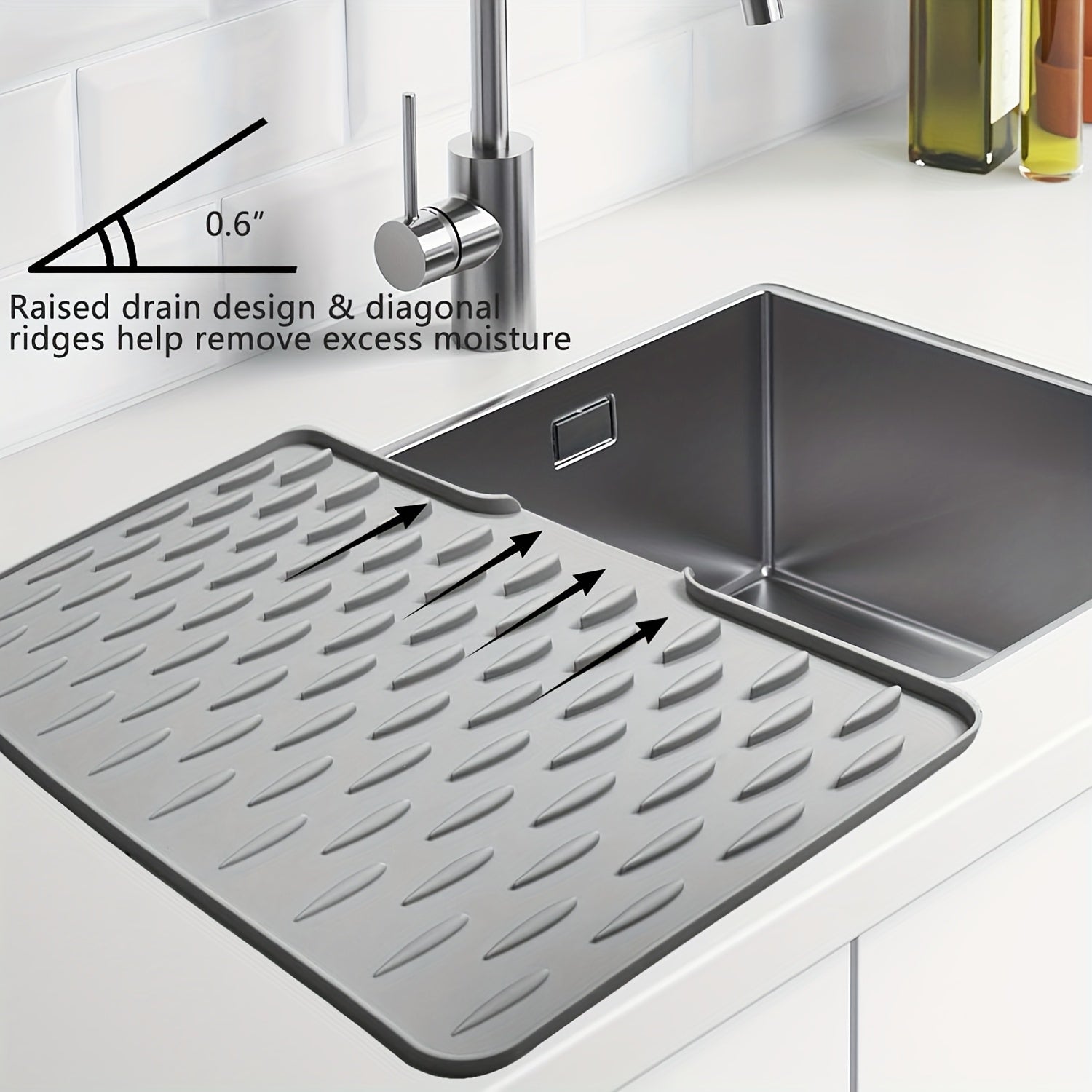 Non-Slip Silicone Kitchen Drying Mat, 15.75 x 12.6 Inch Built-in Drainage Design, Heat Resistant Easy Clean, Suitable for Countertop Sink Refrigerator, 2 Styles Available