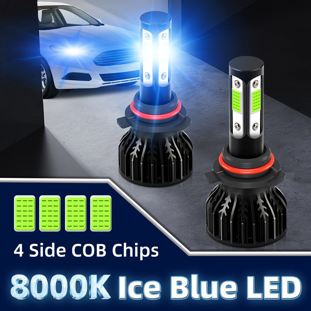 2 High/Low Beam Headlights, Luminous Intensity 30000 Lumens, 8000K Ice Blue Light, Equipped with 4 Side COB Chips, Including Models 9005/HB3, 9006/HB4, H4, H7, H11, H13, 9004 and 9007, No Battery Included
