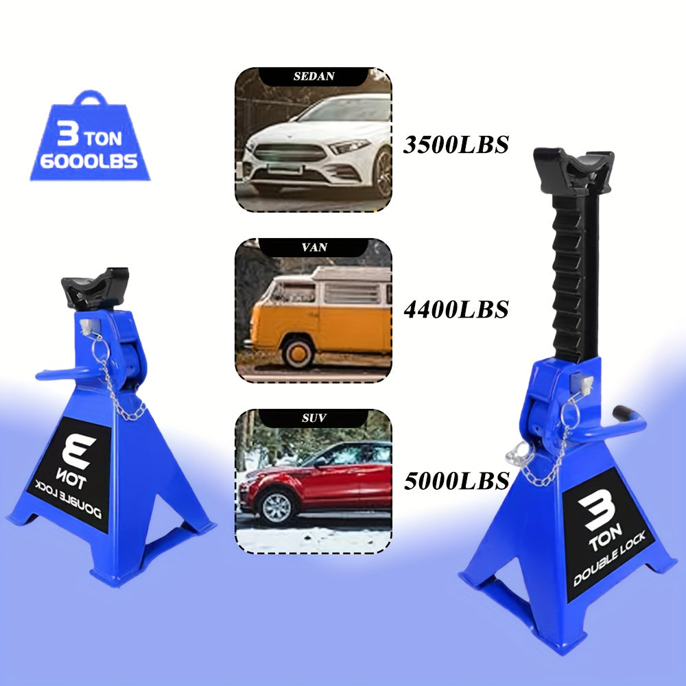 2 Pack Car Jack Stands 3 Ton Capacity 6600 Lbs Double Locking Design Large Base for SUV Lifting Heavy Duty Steel Structure Blue