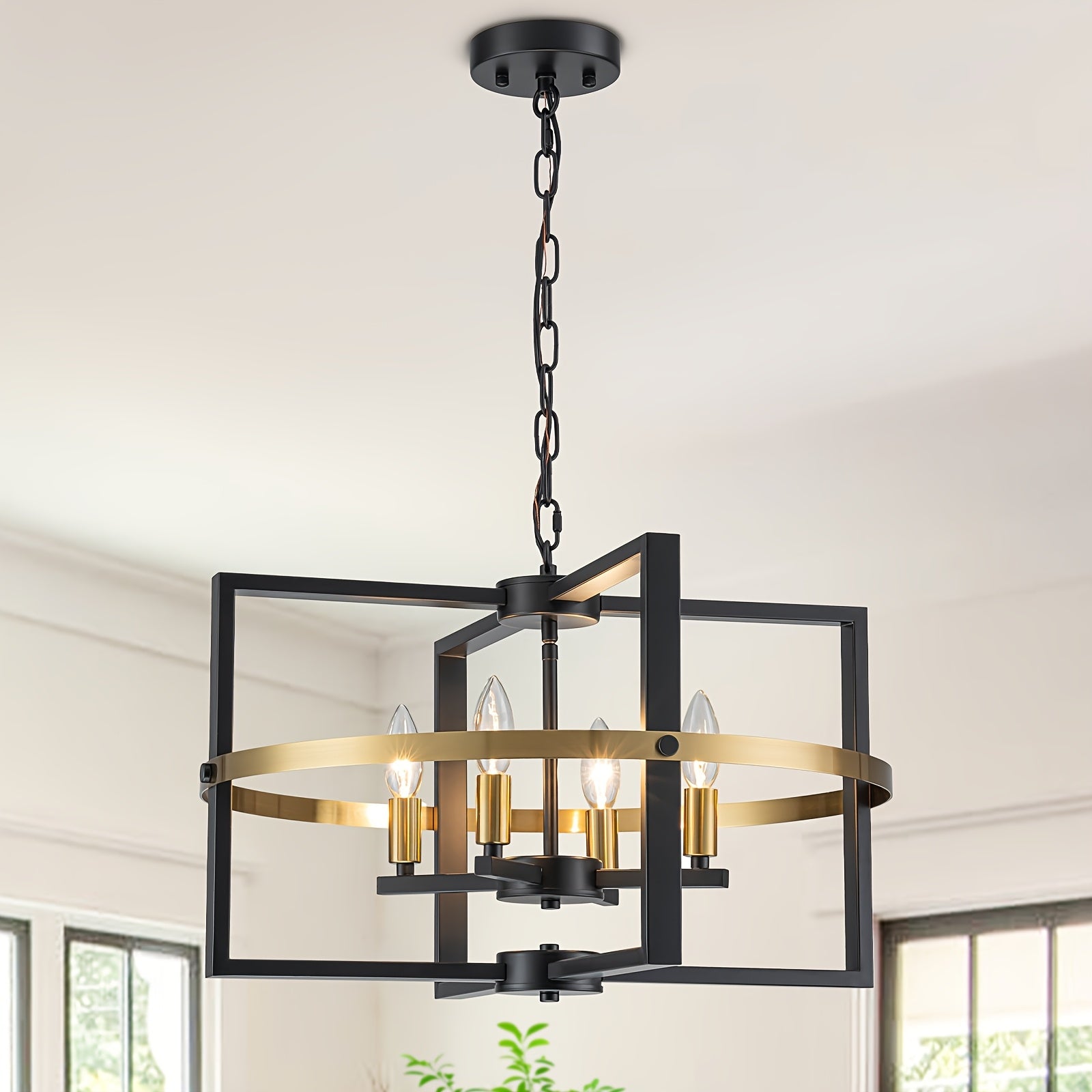 21.26-inch black gold modern farmhouse industrial pendant light - 4-light adjustable geometric design hanging lamp, polished metal + E12 bulb, suitable for kitchen island, dining room, front door entry, bedroom, dining room chandelier