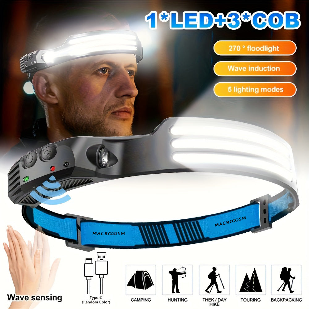 1Pc USB Rechargeable COB Headlamp, Motion Sensor Outdoor Head Light, 230° Wide Angle, 5 Lighting Modes Running Headlamp, Portable Lightweight Hands-Free Flashlight, Ideal for Camping, Hiking and Outdoor Activities