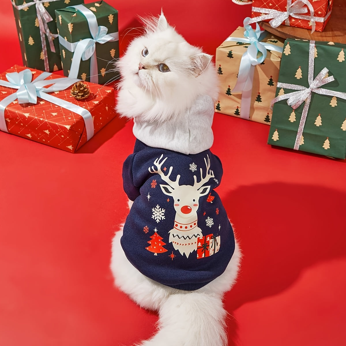 1件圣诞雪花麋鹿礼物图案印花猫咪狗狗涤纶连帽卫衣防跳蚤减少掉毛保暖透气小宠物连帽卫衣适用于猫狗室内外