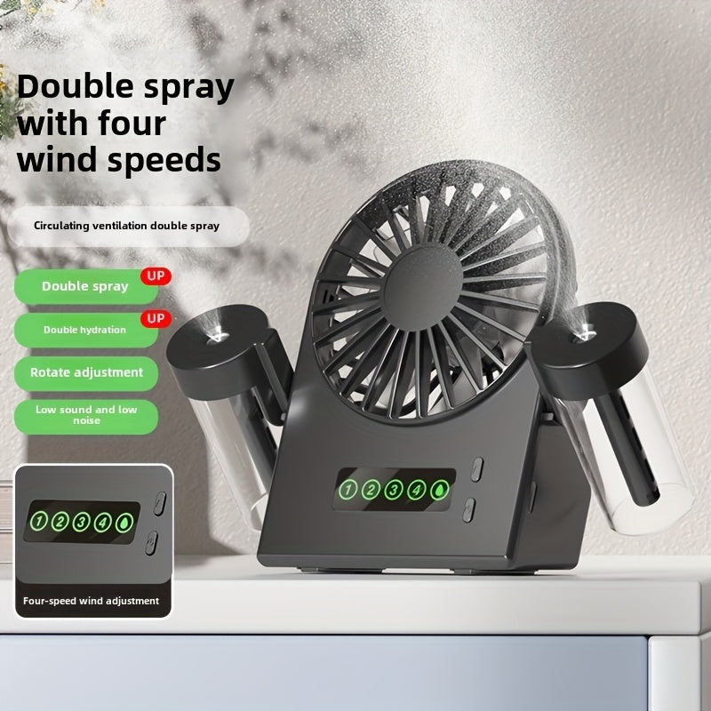 2025 New Dual-Nozzle Double Mist Spray Fan, Mist & Hydration Fan, Multi-Functional Spray Fan for Office Dorm Students, 1200mAh