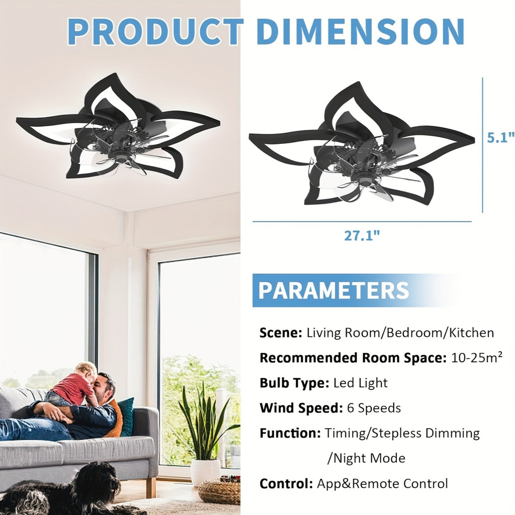 27 Inch Flush Mount Ceiling Fan with Light, Low Profile 6 Speed Adjustable, 3 Color Dimmable, Remote & App Control Modern Ceiling Fan Light, Perfect for Bedroom, Living Room & Home Decoration