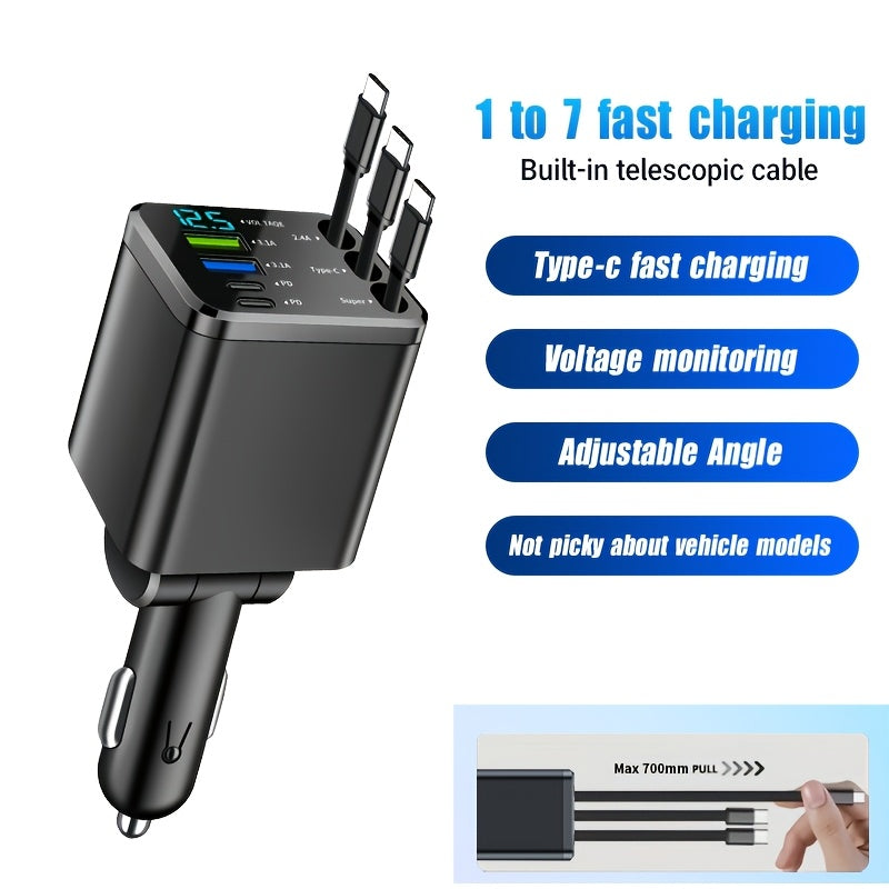 The 7-in-1 Car Fast Charger Adapter Comes With 3 Type-C Data Cables, Which Can Be Extended Freely And Rotate 180°. It Features LED Intelligent Display And Anti-tangling Design. It Is A Must-have For Vehicles.