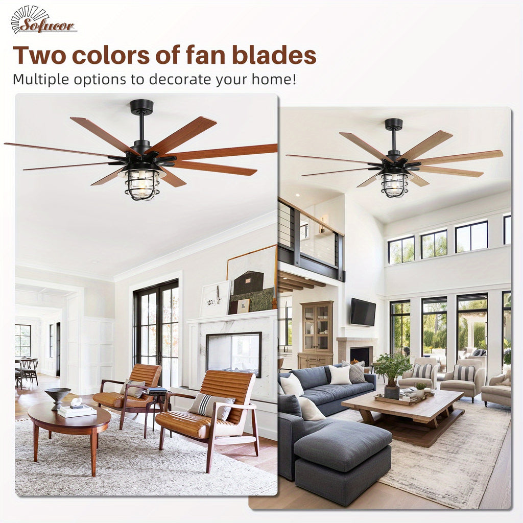 Sofucor 66 Inch Large Ceiling Fan with Light, 8 Blades Ceiling Fan with E26 Bulb & Remote Control, Ideal for Living Room & Dining Room, Ceiling Fan with Light
