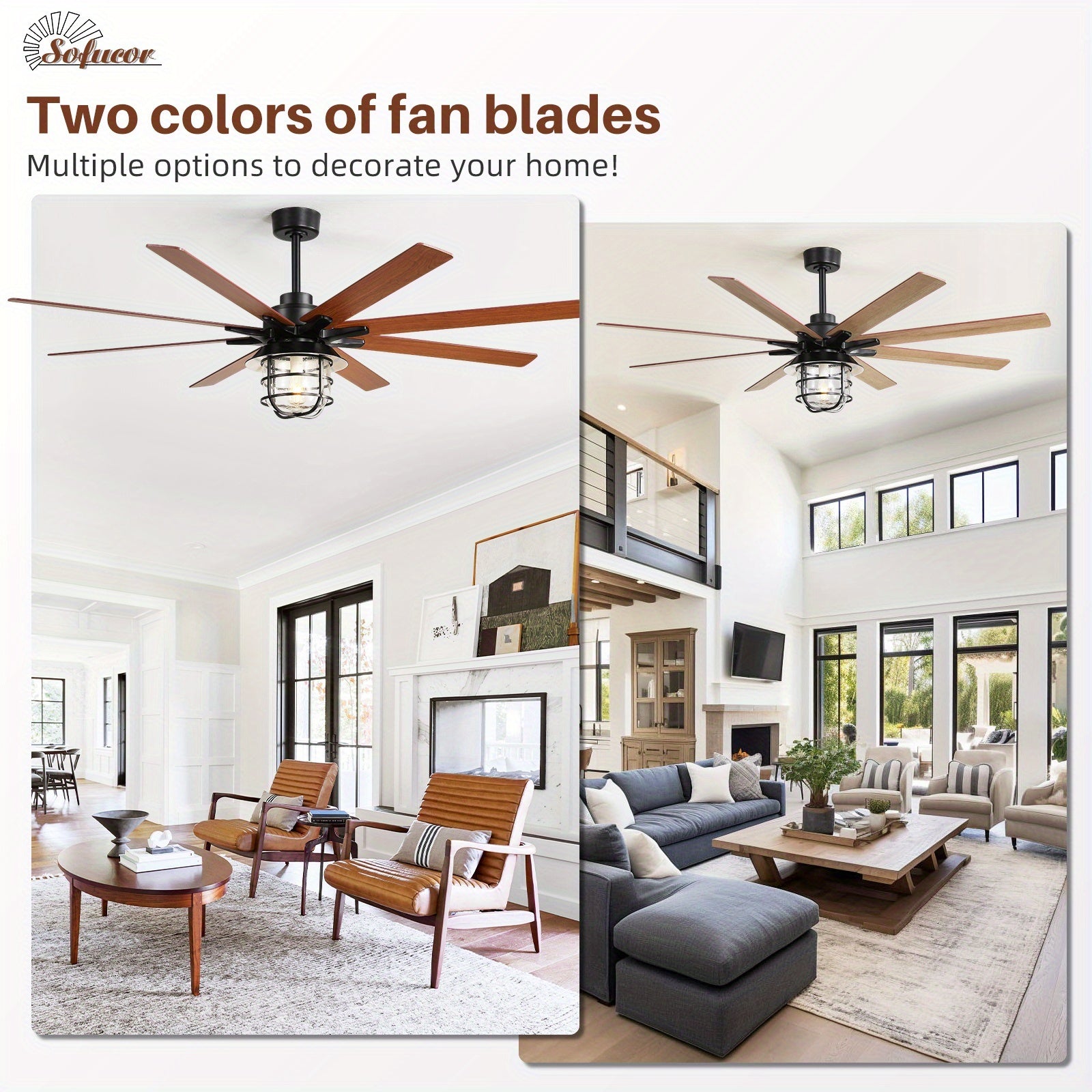 Sofucor 66 Inch Large Ceiling Fan with Light, 8 Blades Ceiling Fan with E26 Bulb & Remote Control, Ideal for Living Room & Dining Room, Ceiling Fan with Light