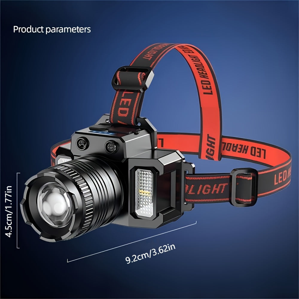 Portable Lightweight Multifunctional LED Headlamp with Motion Sensor, Rechargeable Rotatable Head, 5 Lighting Modes, Ideal for Outdoor Fishing, Adventure, Emergency and Camping