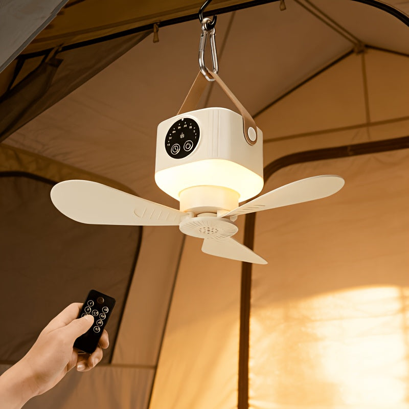 Portable Camping Ceiling Fan, Equipped with LED Light & Remote Control, USB Rechargeable, 4-Speed Adjustable Fan with 3 Small Night Lights, Suitable for RV, Truck, Tent, Travel & Camping