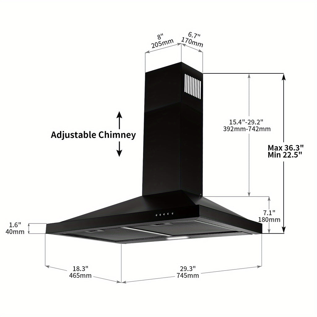 30-Inch Wall-Mounted Chimney, Pyramid-Shaped Kitchen Ventilation Hood with Push Buttons, 2 Aluminum Filters, 3-Speed Exhaust Fan, LED Light, Black Style