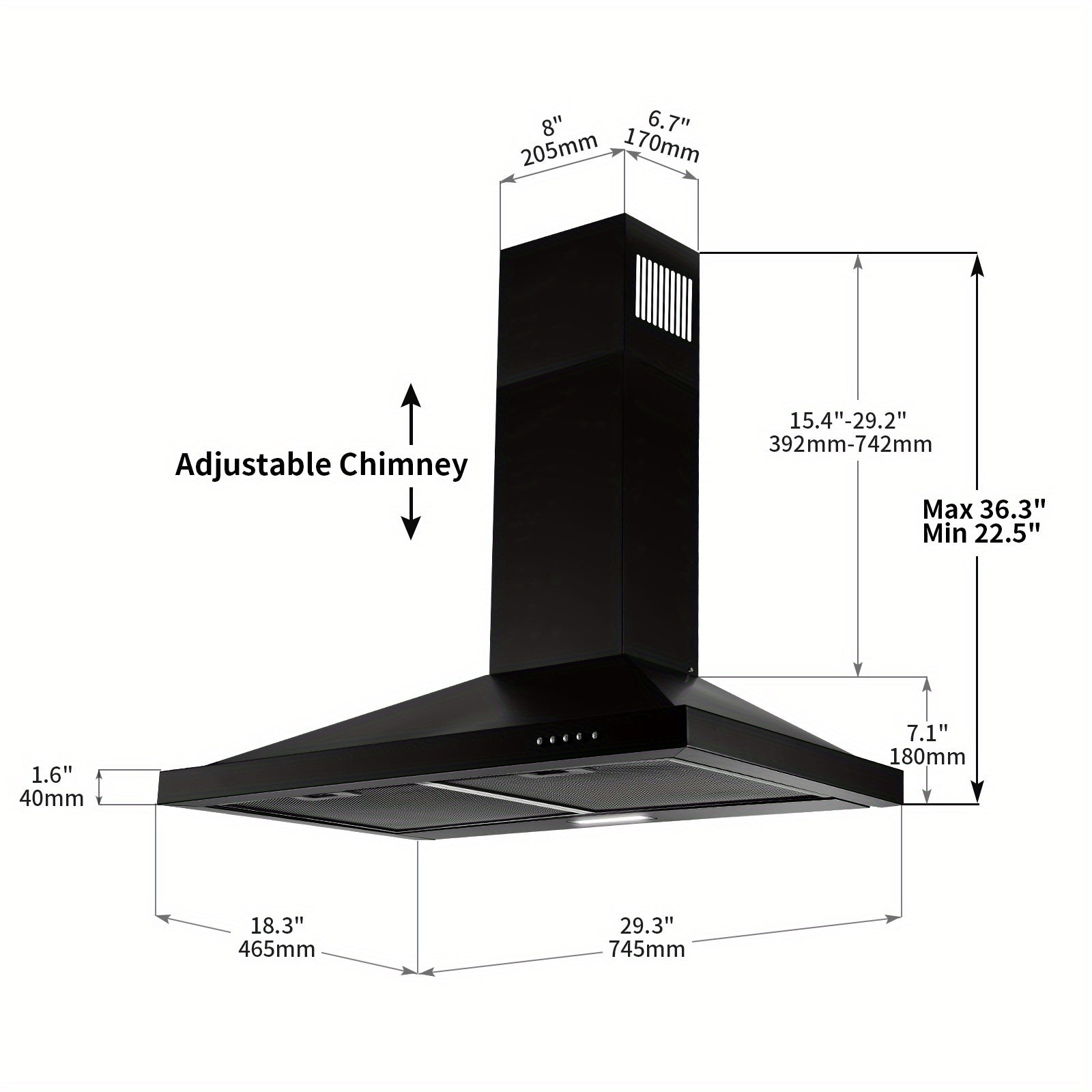 30-Inch Wall-Mounted Chimney, Pyramid-Shaped Kitchen Ventilation Hood with Push Buttons, 2 Aluminum Filters, 3-Speed Exhaust Fan, LED Light, Black Style