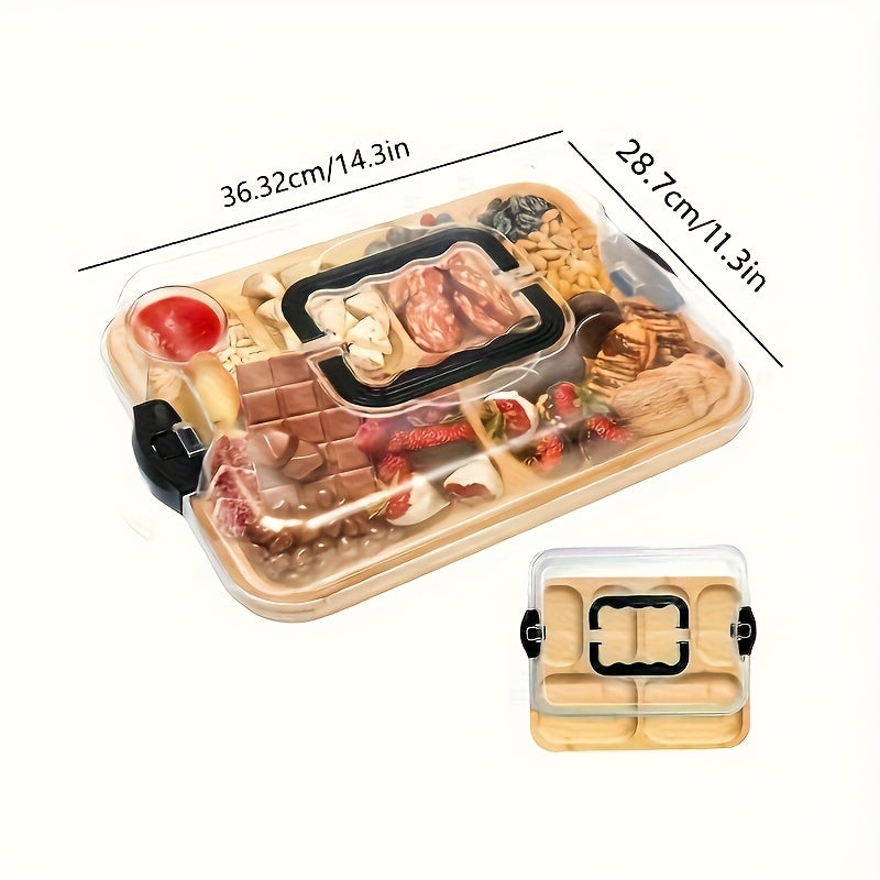 1pc Cheese Tray with Clear Acrylic Lid – Portable Charcuterie Board for Camping, Parties, Restaurants | Serving Tray for Holiday Appetizers, Deli & Snacks – Reversible as Cutting Board – Party Snack Organizer, Secure Snap-On Lid