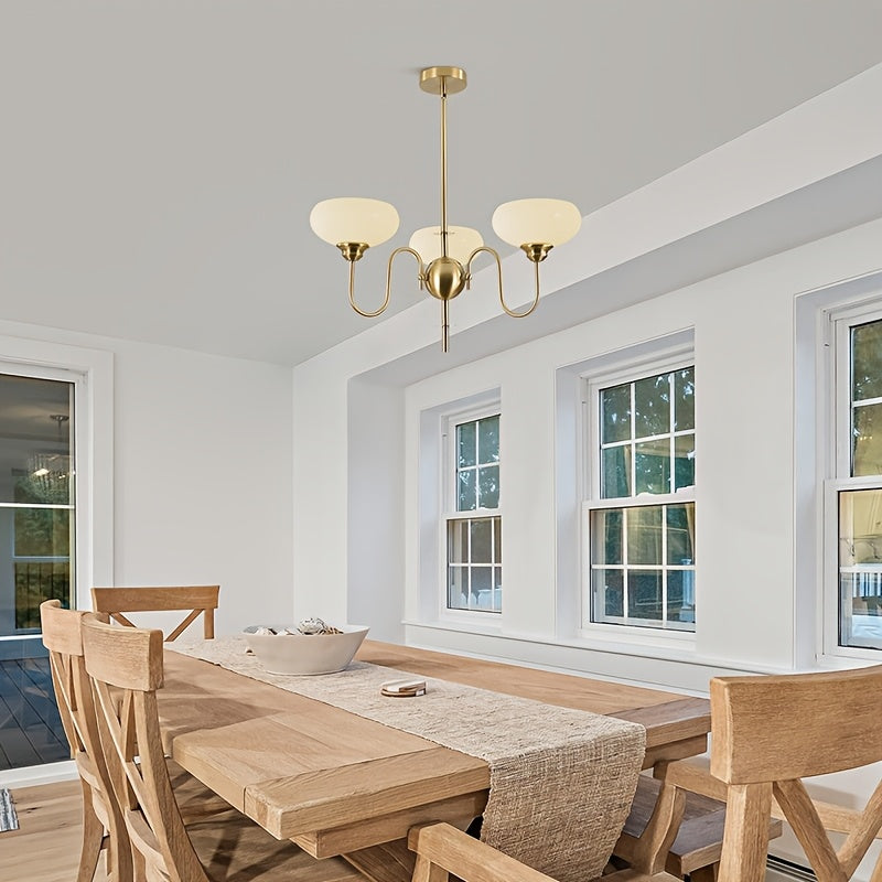 Elegant Gold Three-Light Pendant Light, Mid-Century Modern Chandelier with Opal Glass Shade, Adjustable Hanging Ceiling Light, Suitable for Dining Table and Living Room