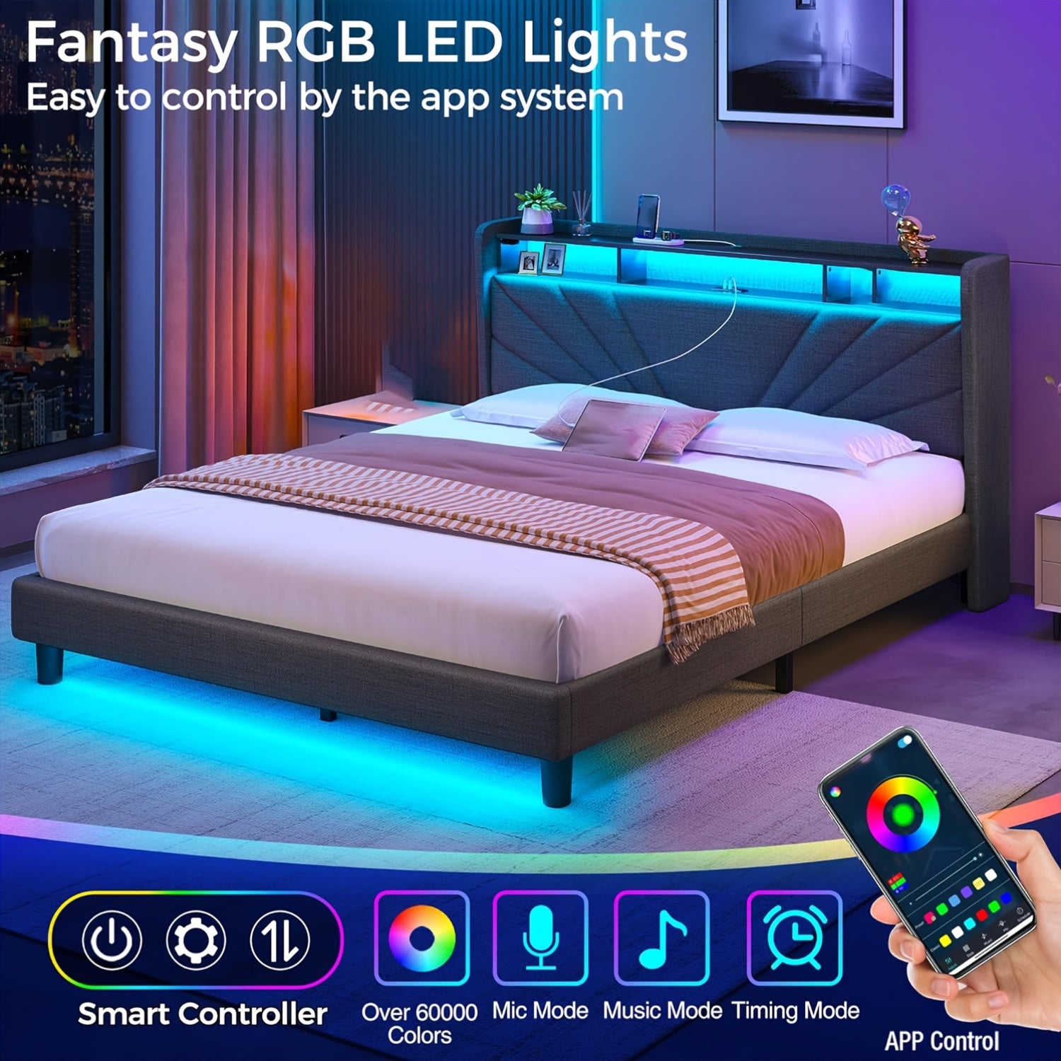 NBBUFF 加长版 LED 灯带，智能房间装饰 RGB 灯条，通过 App 和遥控器控制，带定时、音乐同步、多种场景和 1600 万色，适用于卧室、客厅天花板、万圣节、派对、节日礼物