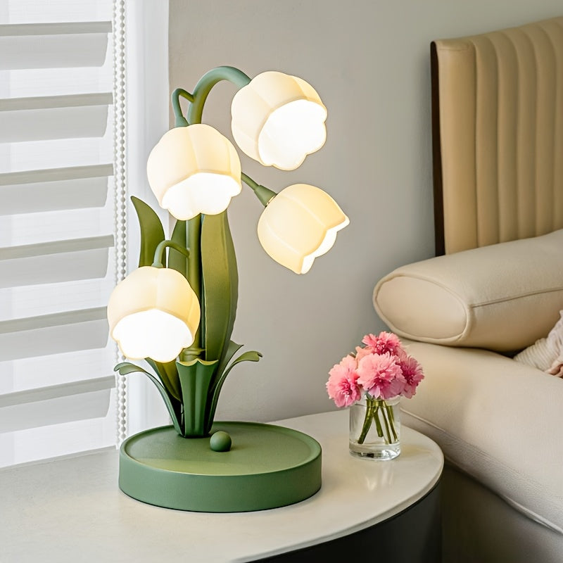 Pink warm table lamp, gold light luxury table lamp, five lily of the valley flowers table lamp, creative acrylic flower shape, home decoration desk lamp, floral theme ambiance light, themed homestay hotel decorative lamp