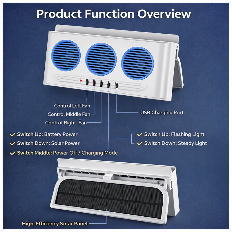 Solar Powered Exhaust Fan with Built-in 1200mAh Solar Battery, Car Interior Heat Dissipation, Ventilation and Air Purification