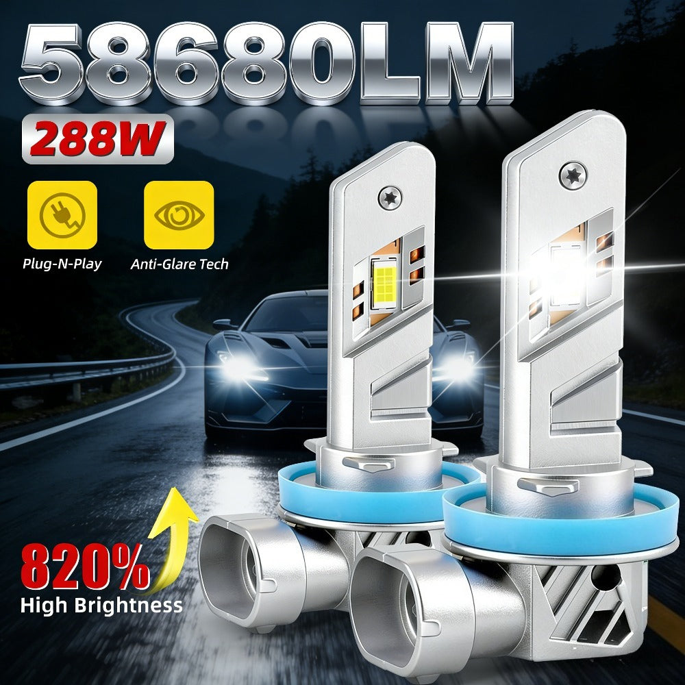 2-Pack LED Car Headlights H7 H11 H1 9005 9006 H4, 58680 Lumens 288W High/Low Beam Fog Light, 820% High Brightness, 300m Illumination Distance, Cool White 6000K, Bright Plug-and-Play Error-Free Decoding