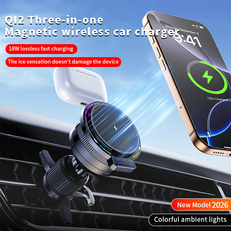 A Brand New Car Charger That Doesn'T Heat Up Easily, Featuring an 18W Magnetic Wireless Charging Car Mount with a Magnetic Plate. It Supports Charging for Apple Watch And Airpods, Has Multiple Uses