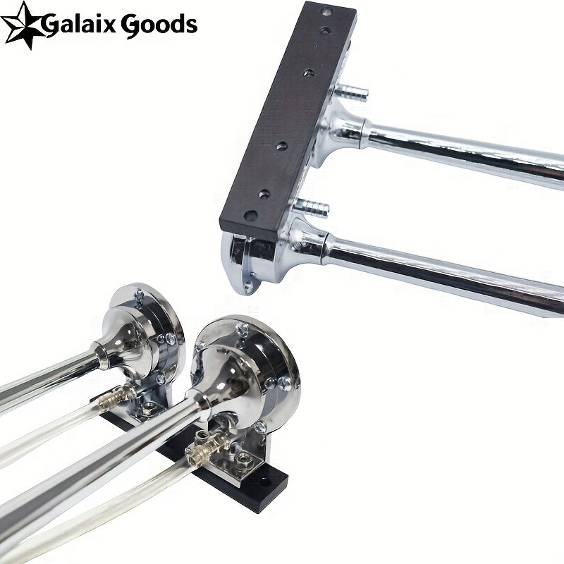 Silver 17-Inch Dual Trumpet Air Horn Set 12/24V Air Horn Zinc Alloy Marine Horn, Suitable for Boats, Sailboats, Yachts, Trucks, SUVs, RVs and More