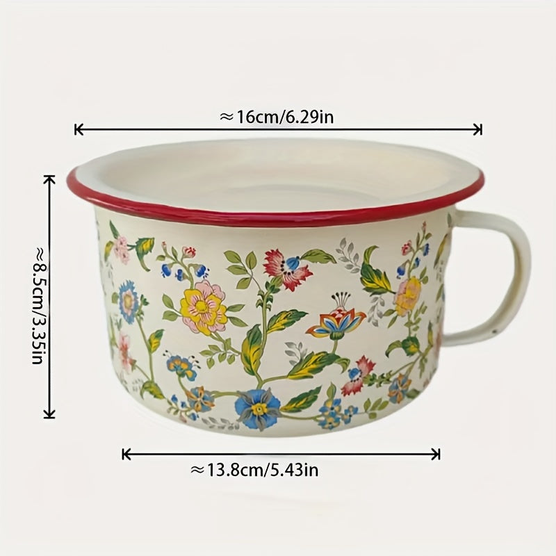 1 Piece, Thickened Enamel Bowl with Lid, Vintage Floral Pattern – Perfect for Soup, Rice, Noodles, Pot Pie, Salad, etc. – Durable & Stylish Tableware