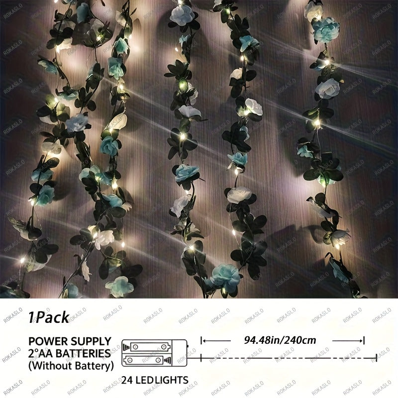 1套，迷人電池供電粉色玫瑰藤蔓燈，LED裝飾串燈（94.48英寸24顆LED），適用於節日派對、婚禮裝飾、聖誕裝飾、新年裝飾（不含電池）