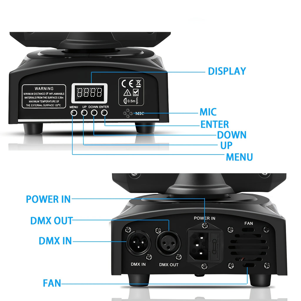 Professional moving head LED DJ light, RGBW control with sound-activated motion - pan/tilt shake effect, remote-compatible spotlight, suitable for weddings, parties, live performances, church events - RGBW color system