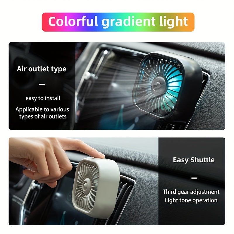 Portable Car Air Vent Fan, USB Powered Mini Fan with Gradient RGB Atmosphere Light, Universal Car Cooling Fan for Front/Rear Vents