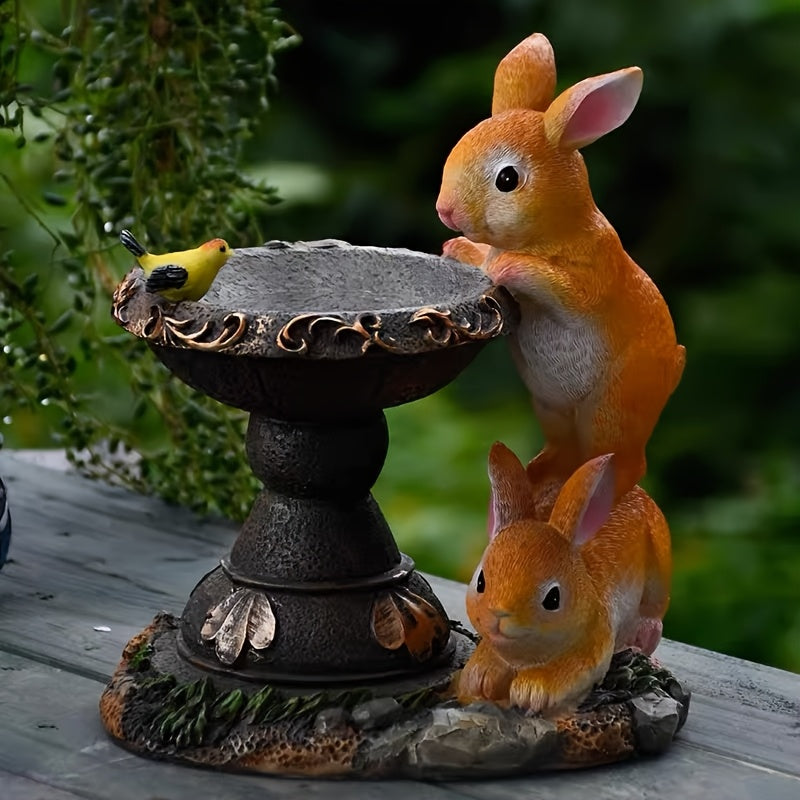 Outdoor Solar Light Creative Double Rabbit Drinking Water Ornament Resin Craft Garden Courtyard Light Balcony Animal Decoration Suitable for Porch, Courtyard and Gardening Decoration, Ideal Gift for Women and Grandmothers