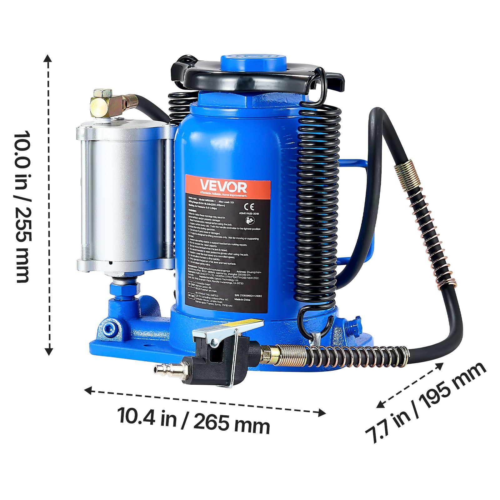 VEVOR Air Hydraulic Jack, 32 Ton (70546.9 Lbs) Capacity, 10-16.3 Inch Lifting Range, Pneumatic/Manual Heavy Duty Welded Jack with Pump, Suitable for Cars, SUVs, Pickups, Trucks, RVs, Auto Repair, Blue