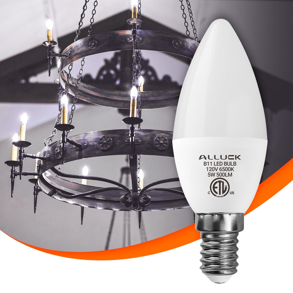 ALLU, 12-pack, B11/C37 LED candelabra bulb 5W 500 lumens (50W equivalent), E12 base, CRI 85+, 3000K/5000K/6500K color temperature, AC110-130V non-dimmable, suitable for home, bar, restaurant and hotel decoration