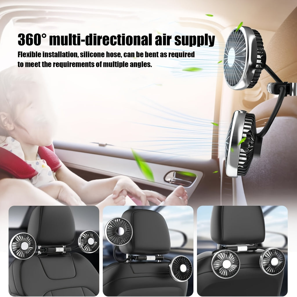 Dual-Head USB Car Hose Fan, Rear Seat Specific, 360° Rotation, 3-Speed Strong Wind, USB Powered Car Cooler, Compatible with Laptops, for Sedans, SUVs, RVs, Trucks
