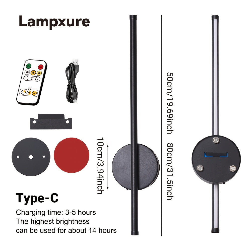 50cm Type-C Rechargeable Wall Light Black with Remote Control Dimmable, Adjustable Color Temperature, Timer Function, Drill-Free Magnetic Installation, Suitable for Bedroom, Study, Living Room, Stairwell