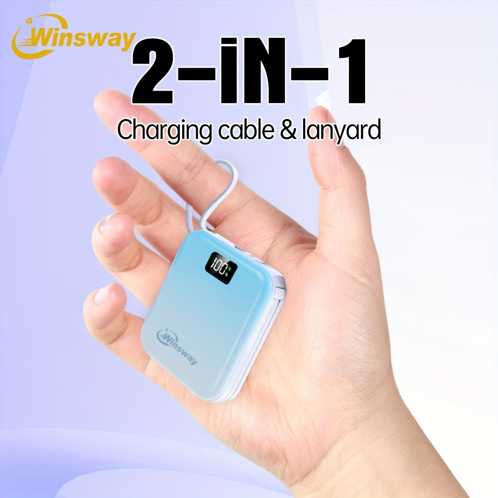 Winsway 2.9英寸迷你充電寶，10000mAh大容量，小巧便攜，內建USB-C雙線輸出，22.5W快充，LED顯示屏，內建掛繩設計，相容多種電子裝置，適合作為高顏值充電寶贈予朋友，聖誕禮物優選