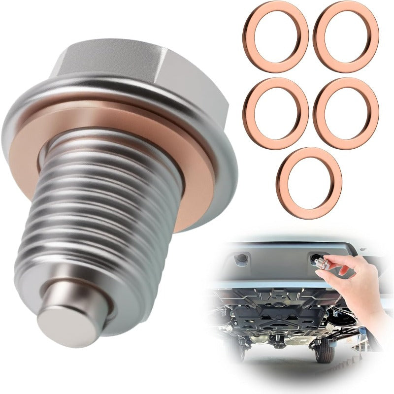 1 Set Magnetic Oil Drain Plug, M16 x 1.5 Stainless Steel Oil Pan Drain Nut Bolt with 5 Copper Crush Washers, Universal Oil Plug Replacement for Most Cars, Motorcycles & Boats