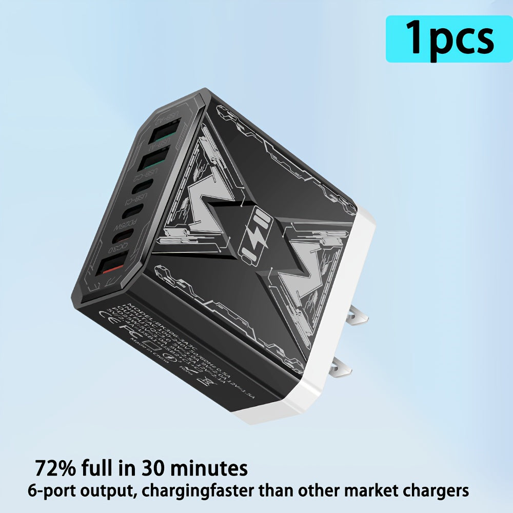 6-in-1 Fast Charger 3USB + 3Type-C Power Adapter with Indicator Light, QC3.0 Power Adapter Cube USB Wall Charger, for iPhone 17/ 16/ 15/ 13/ 13pro/ 12/ 12pro/ XR/ SE, Pro/ Mini/ Air