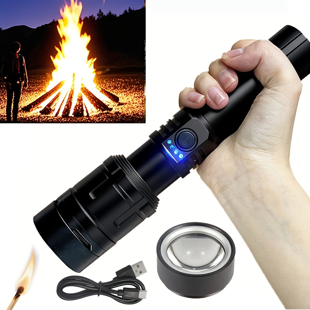Ignition Aluminum Alloy Flashlight, Fresnel Lens Equipped, Rechargeable LED Light, 5 Modes High Lumen Flashlight, 5000mAh Battery Type-C Fast Charging, Long Range IP44 Waterproof, Ideal for Camping Night Use and Gift Giving