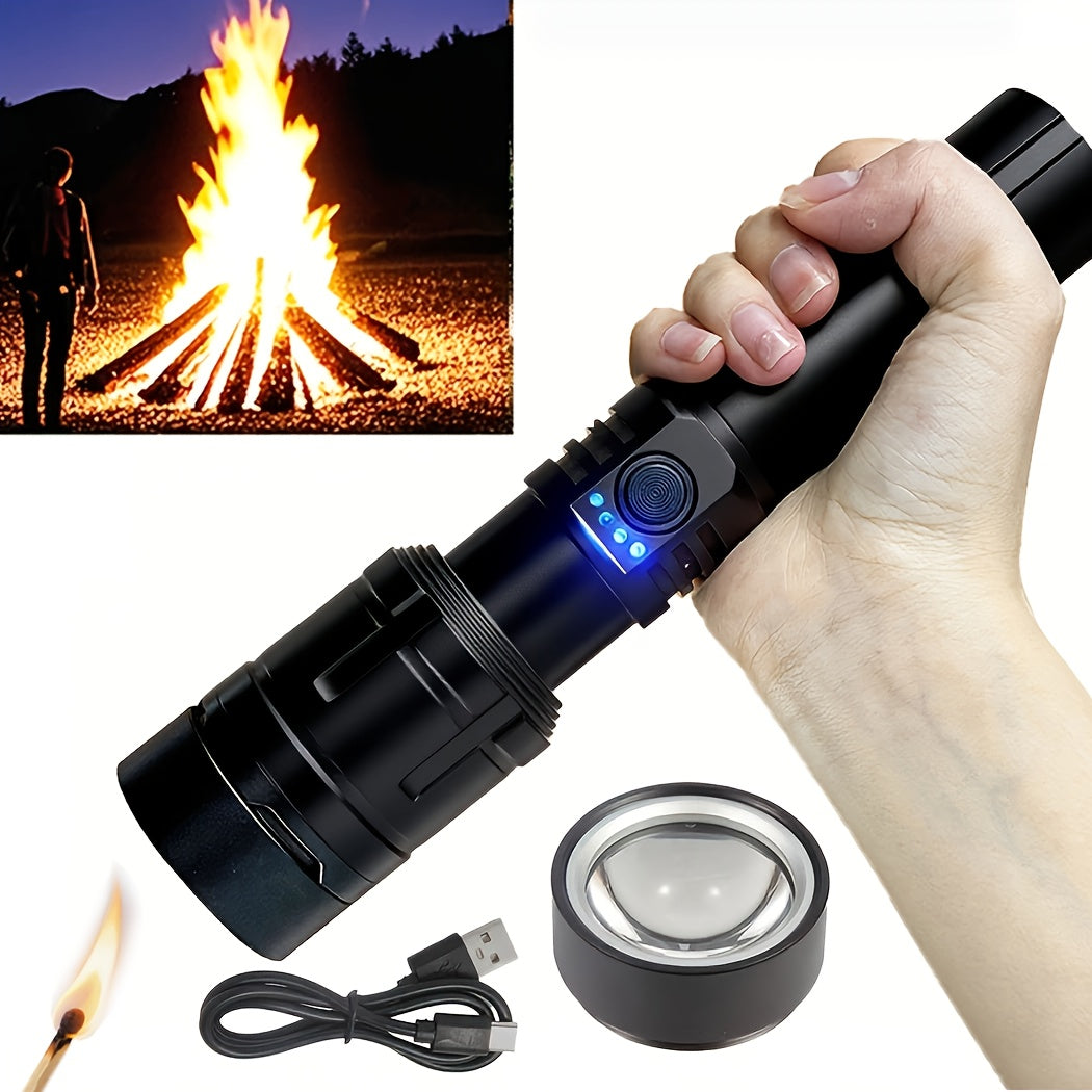 Ignition Aluminum Alloy Flashlight, Fresnel Lens Equipped, Rechargeable LED Light, 5 Modes High Lumen Flashlight, 5000mAh Battery Type-C Fast Charging, Long Range IP44 Waterproof, Ideal for Camping Night Use and Gift Giving