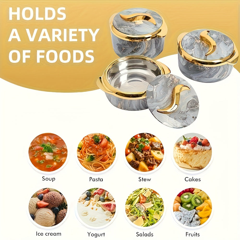 3-Piece Gold Touch Insulated Dinnerware Set – Stainless Steel Hot & Cold Food Bowl with Lids, Portable Thermos (Home Use), Office Lunch Container, Hot Pot Tableware