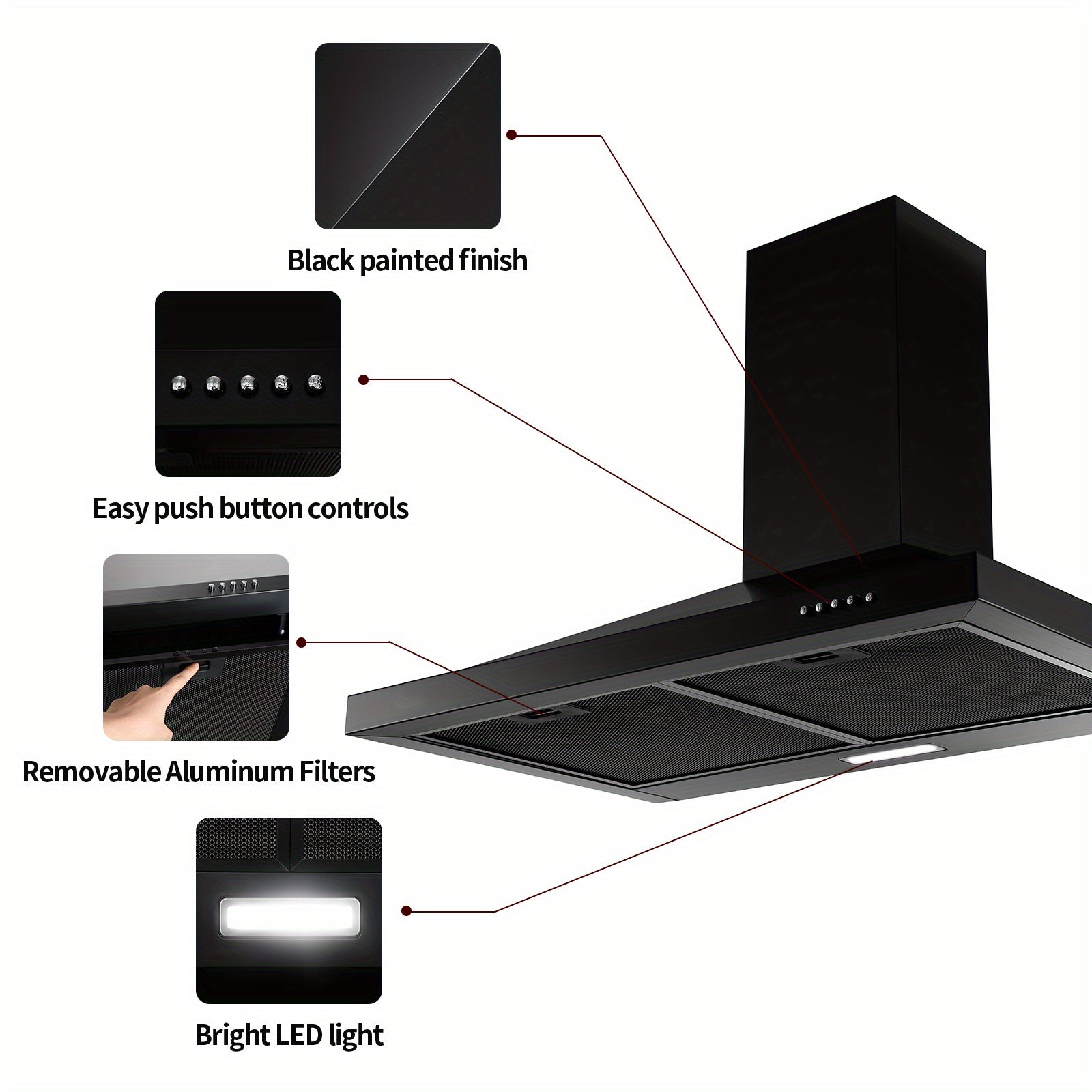 30-Inch Wall-Mounted Chimney, Pyramid-Shaped Kitchen Ventilation Hood with Push Buttons, 2 Aluminum Filters, 3-Speed Exhaust Fan, LED Light, Black Style