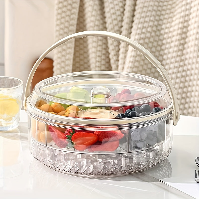 Clear Divided Vegetable Serving Tray with Lid & Dip Section – Rotating Fruit Platter for Parties, Outdoor Picnics, Catering, Takeout & Food Delivery – Ice Cold Handled Basket for Fridge – Perfect for Snacks