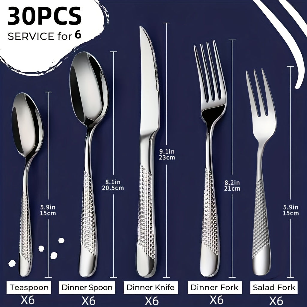 30-Piece Silver Modern Hammered Set (Service for 6), Stainless Steel Flatware Set, Includes Ultra-Sharp 2-in-1 Serrated Knife, Mirror Polished, Dishwasher Safe – Perfect for Parties, Family Gatherings, Weddings
