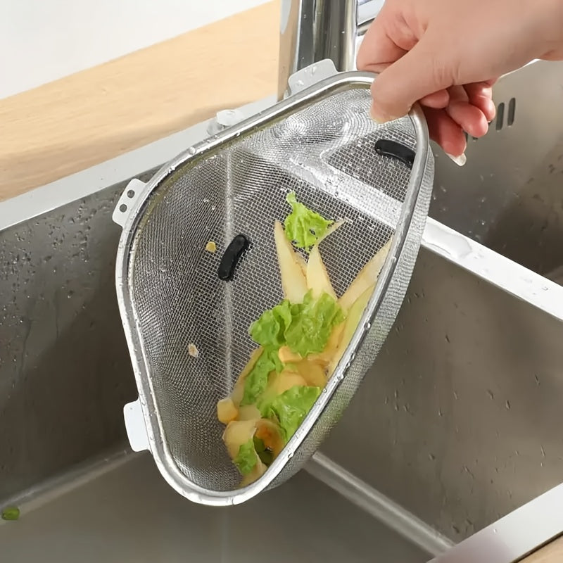 Triangular Stainless Steel Sink Strainer Basket - Removable Food Waste Filter with Mesh Storage Basket, Easy to Clean, for Hanging & Standing in Kitchen, Kitchen Sink Drain Basket