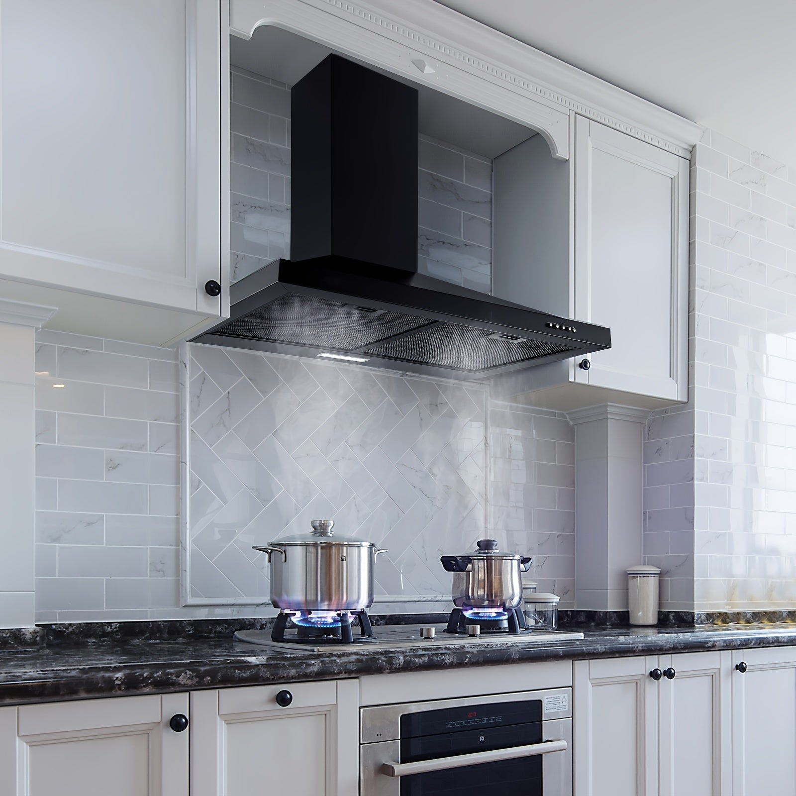 Wall-Mounted Range Hood – 24 Inches, Stainless Steel Stove Vent, Aluminum Filter, 3-Speed Exhaust Fan, LED Light, Push-Button Control, Black Finish