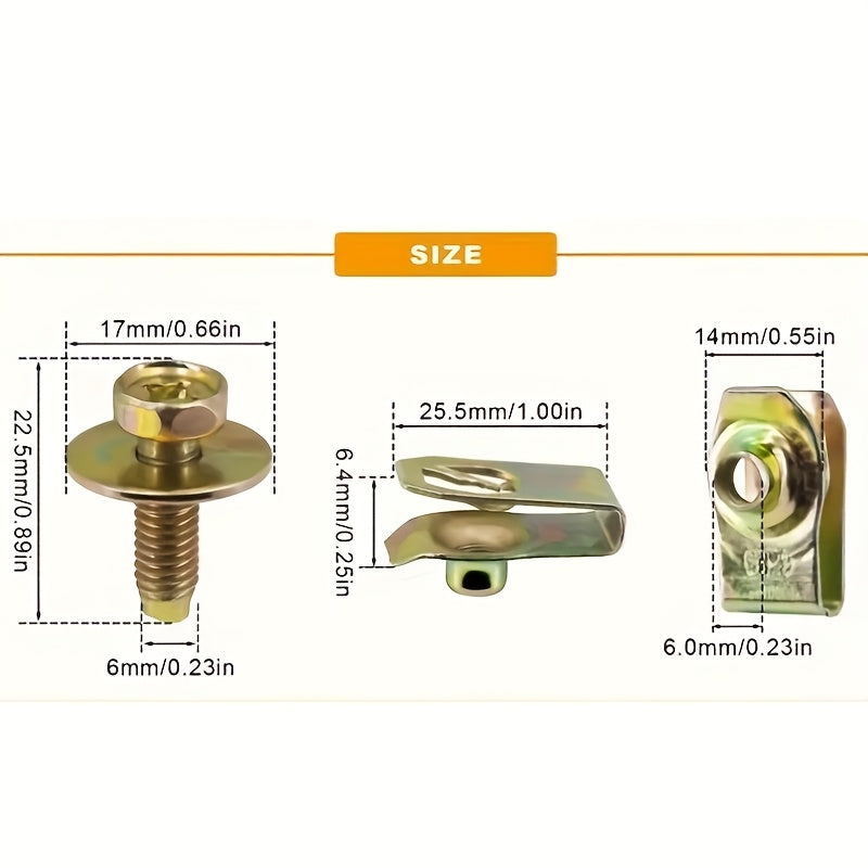 [50-Piece Gold Body Bolt Set] M6 Body Bolts & U-Type Press Nuts (25 Screws + 25 Clips) | Universal Fasteners for Hood, Bumper, Fender, Splash Shield | Rust-Proof Metal Fasteners & Rivet Screws
