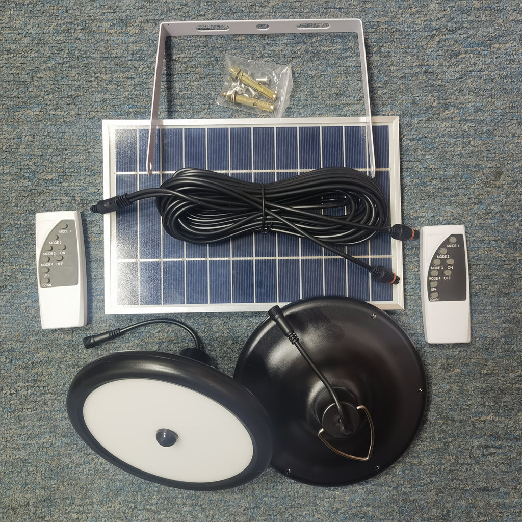 Solar pendant light with motion sensor, one-to-two dual-head dual remote control, waterproof solar barn light, multiple modes adjustable brightness, soft light eye-friendly, suitable for indoor and outdoor, barn, chicken coop, workshop