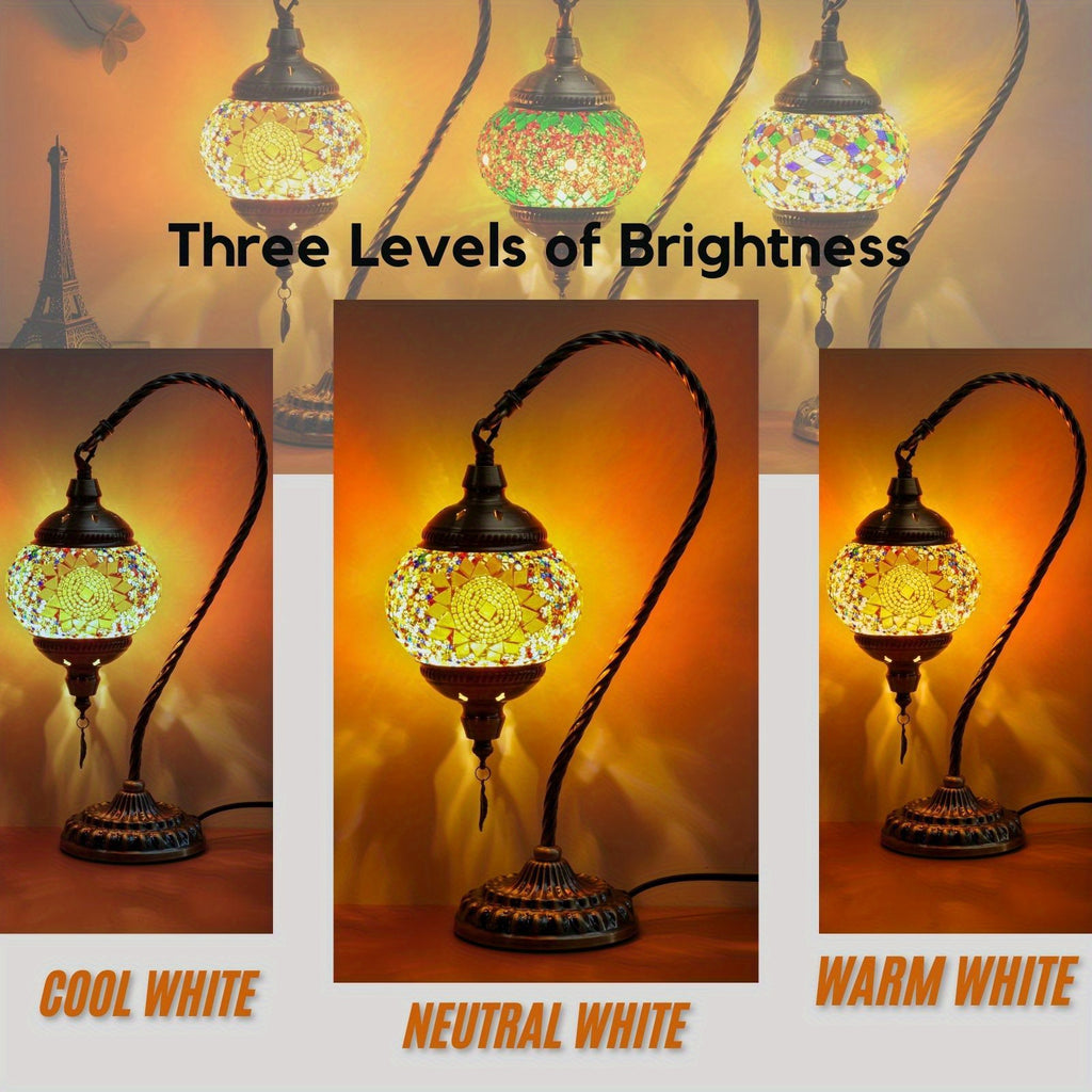 Turkish mosaic table lamp, Moroccan style metal base three-color handmade swan neck mosaic glass bedside lamp, suitable for bedroom and living room (bulb included)